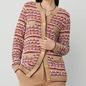 Ann Taylor Tweed Stitch Orange Tan Gold Buttons Cardigan Retro Glam Old Money XS